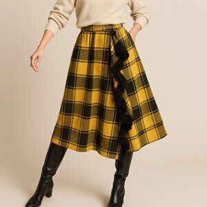 Vintage 70s Guy Laroche Boutique Archival Wool Fringe Wrap Plaid Midi Skirt 8